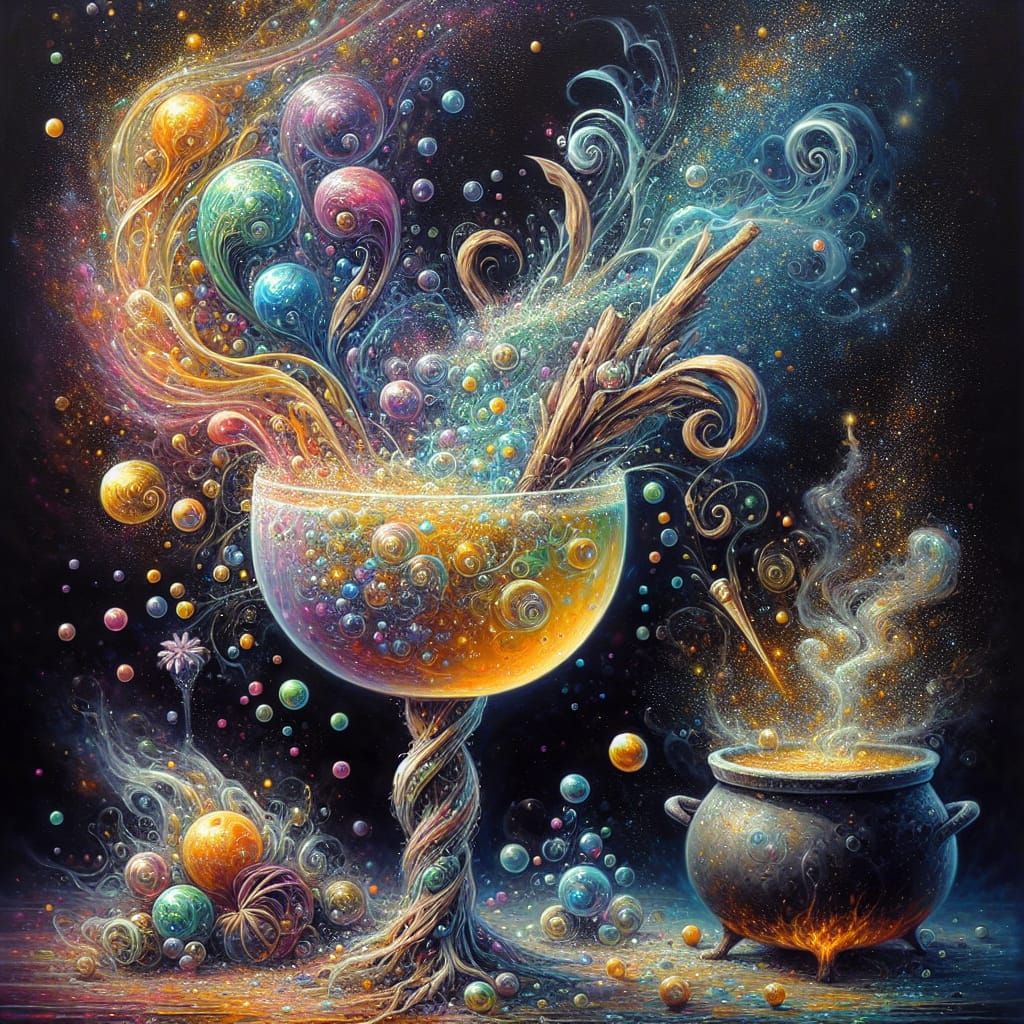 A mesmerizingly bubbling coktail evoking the essence of Harry Potter, every element brimming with magical ...  by @EllaMoonDesign
