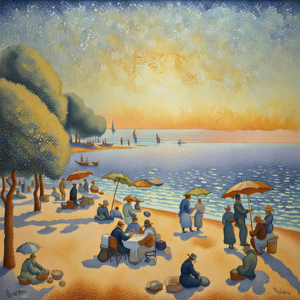 Vibrant Beachside Parallax Scene in Kinetic Pointillism Styl...