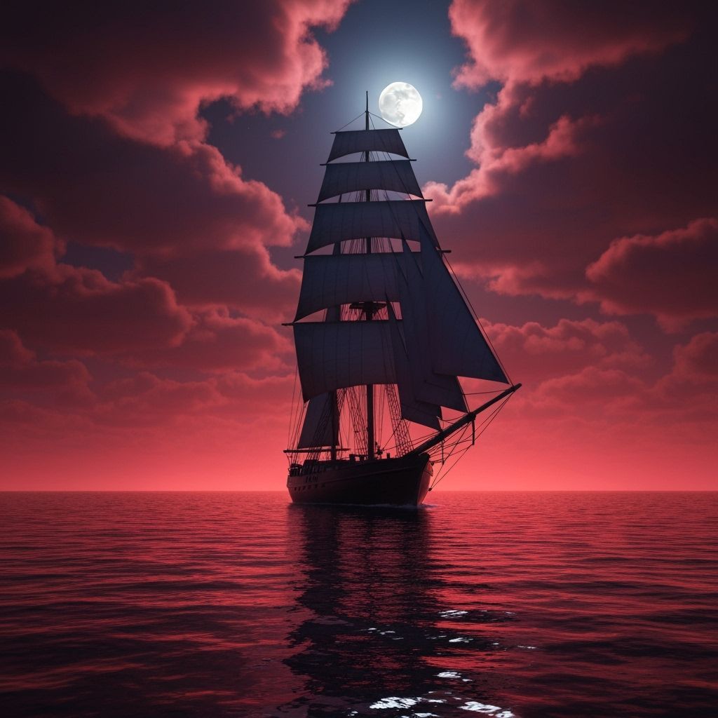 Majestic Sailboat on a Red Sea at Night