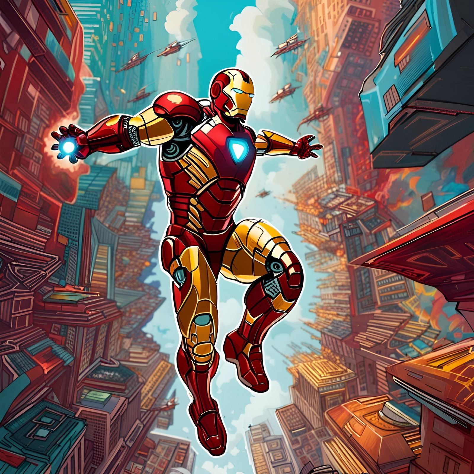 Iron man flying in the sky of a sci-fi city - AI Generated Artwork ...