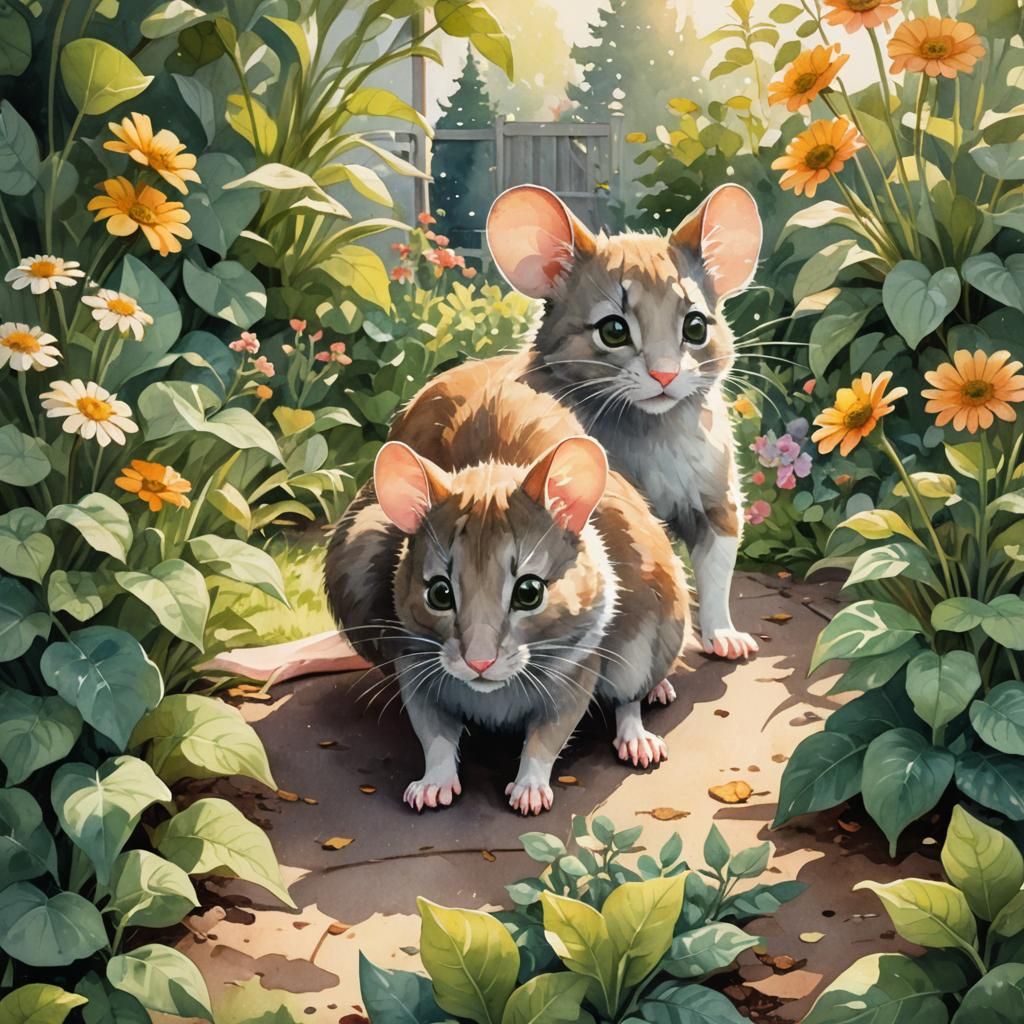 A  cute mouse with big green eyes running into the legs of a big cat who is looking down at the mouse, the background is a yard with pretty...