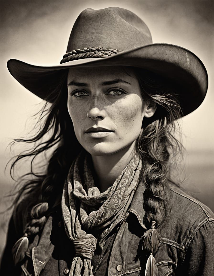 “a highly detailed, artistic illustration of a outlaw cowgirl, created in a wood-burned or etched style. ...  by @GoingJade