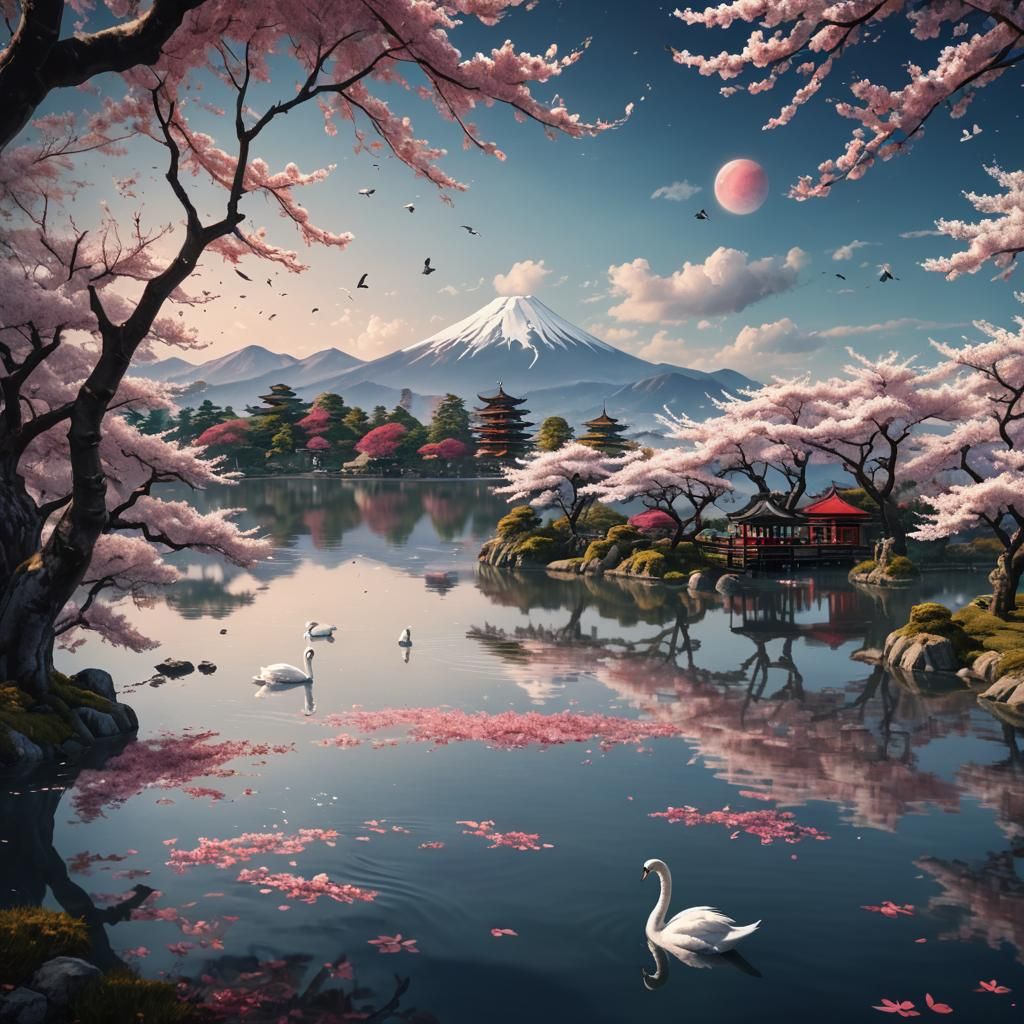 Japanese Lake with Cherry Trees and Swan
