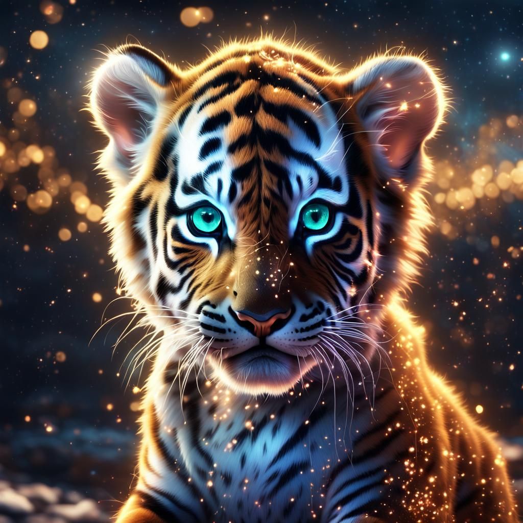 A glorious epic dream magical cute adorable little baby Tiger leaning away forward, veins glowing in ...  by @undefined
