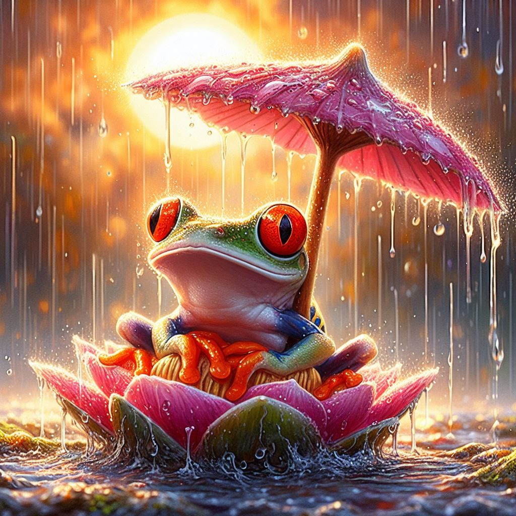 Frog Floating In Flower During Rain Storm