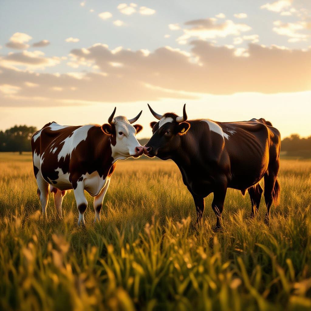 Romantic Kiss Between Cow and Bull in Golden Hour Field