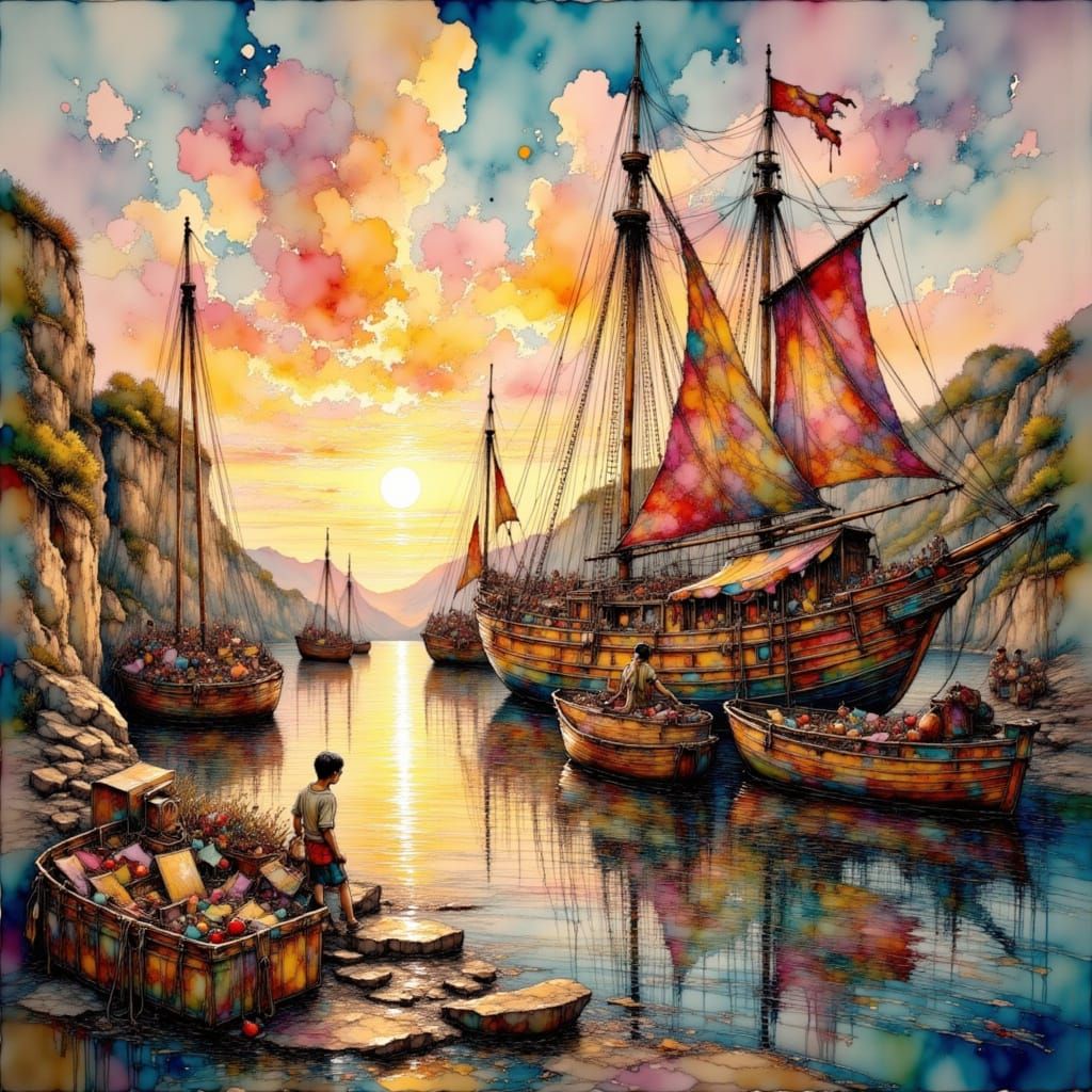 Majestic Persian Fleets in Serene Harbor at Sunset