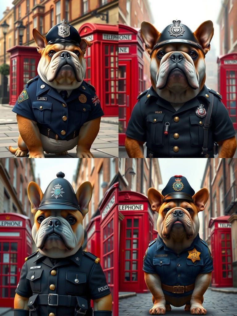A British bulldog dressed as a UK police officer, wearing a traditional bobby helmet & police uniform. The dog stands pr...