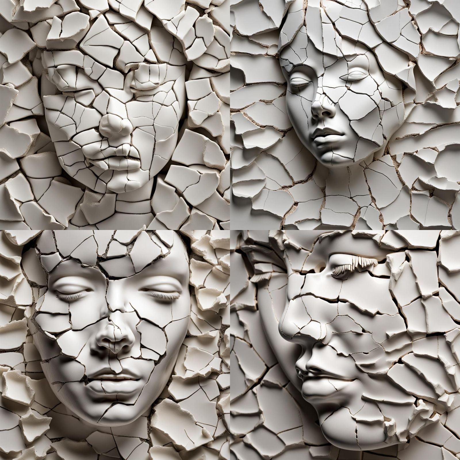 a woman's face, made of cracked porcelain