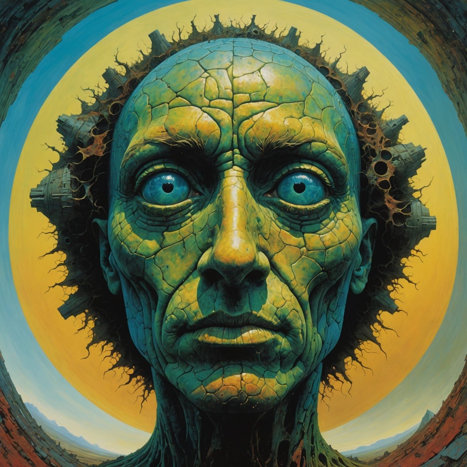 Abstract humanoid with exaggerated features in an awkward pose viewed through a fish-eye lens. Surrealism by Zdzisław Beksiński.