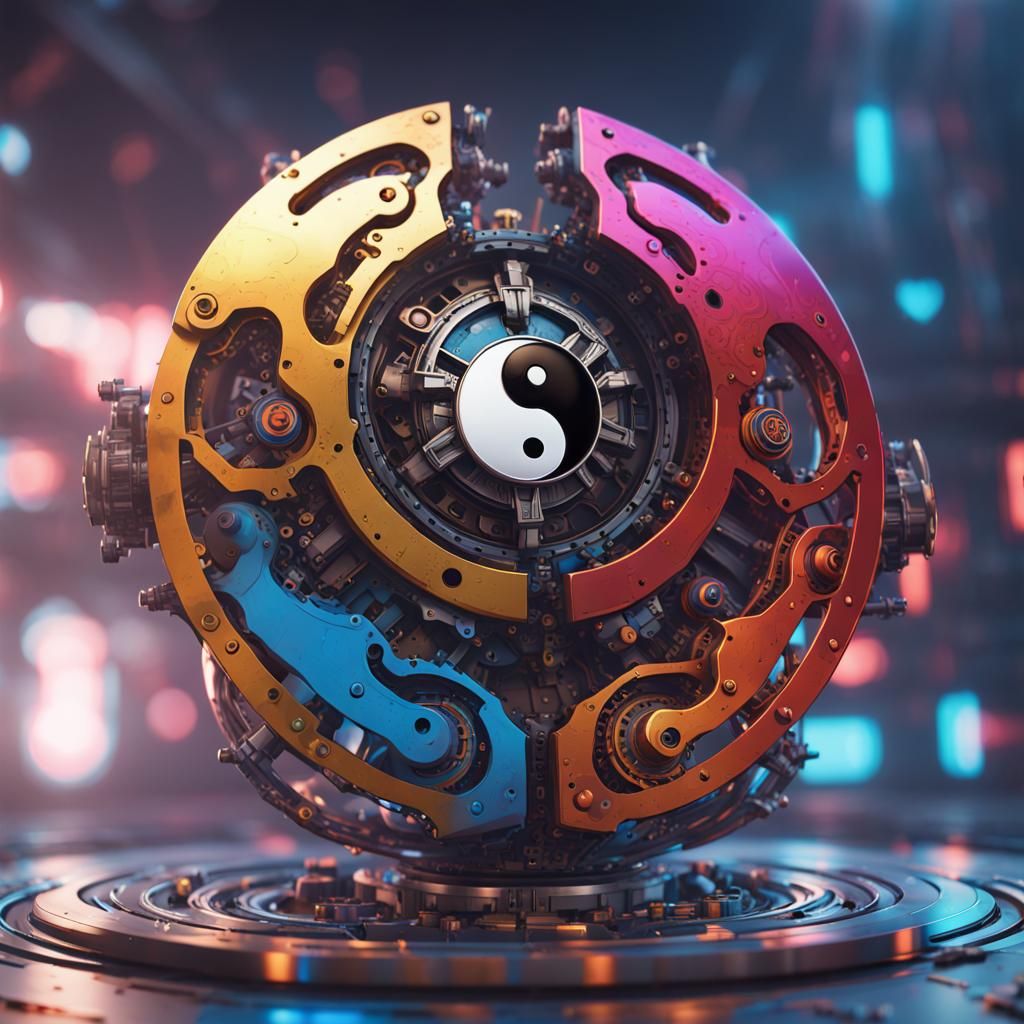 a ying yang symbol surrounded by ROYGBINDIGOV colors, with a...