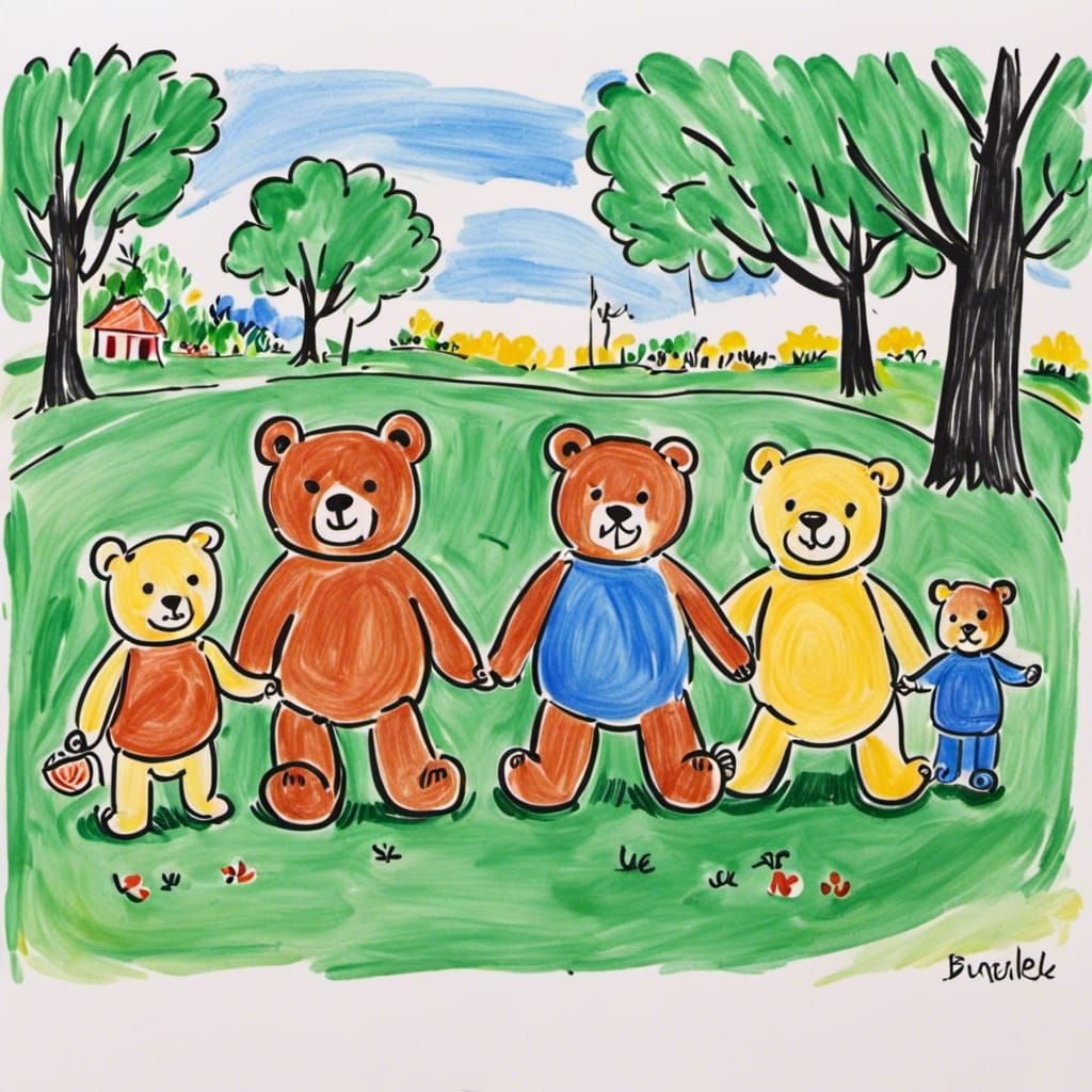 <lora:Keiki:1.0>a toddler's drawing of a teddy bear family at a park