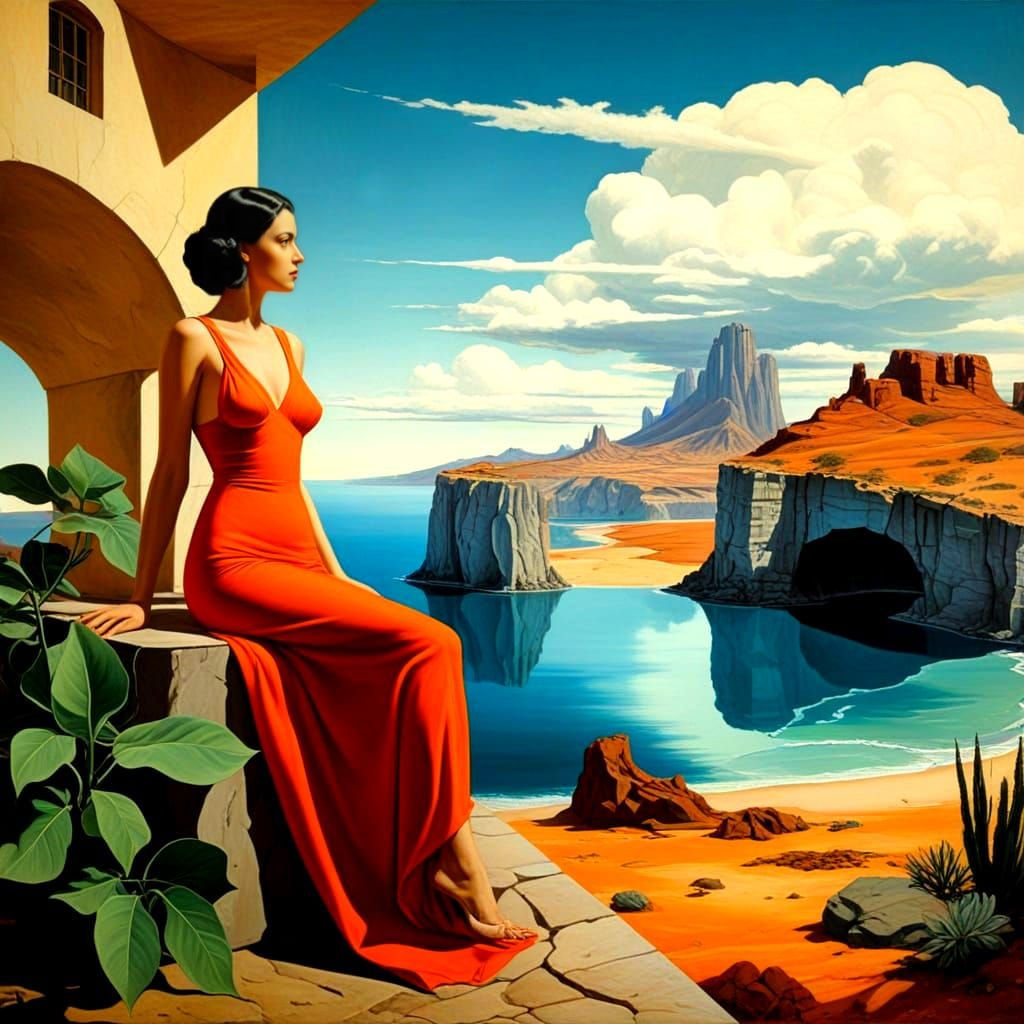 Ethereal Surrealistic Landscape with Tiny Female Silhouette