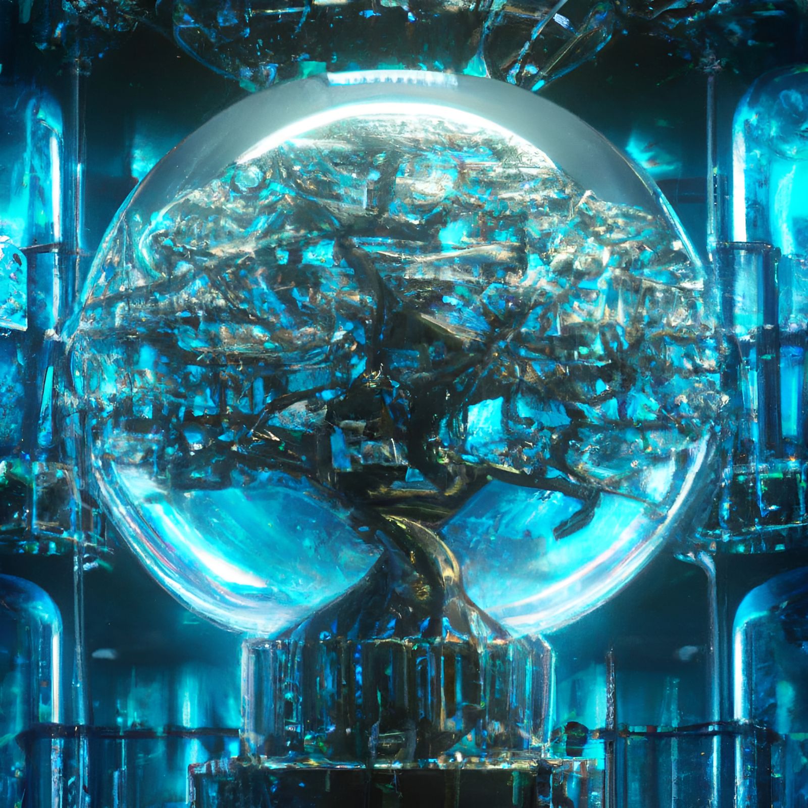 Tree with an orb cage of glass