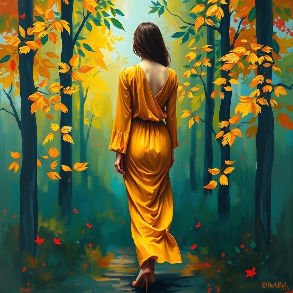 Enigmatic Woman Walking Amidst Vibrant Trees in Expressive O...