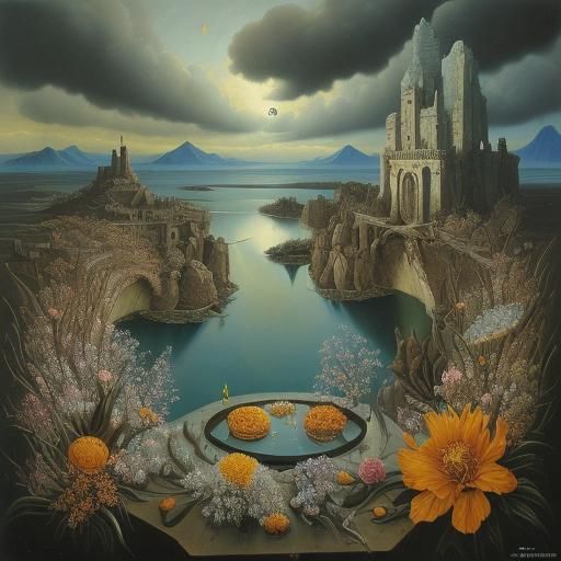 Bees Collecting Pollen in a Surrealist Landscape