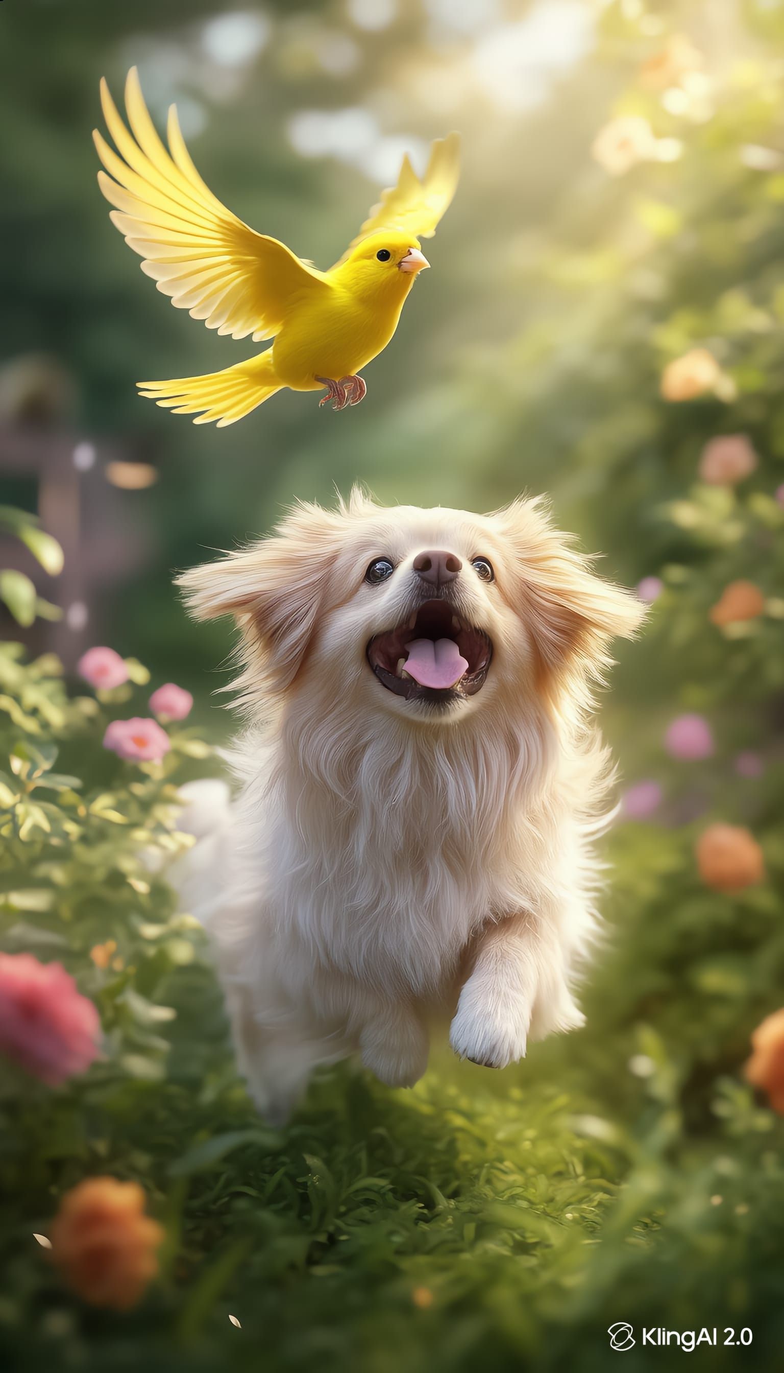 Dog playing with canary