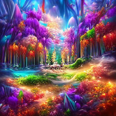 Cinematic view of an infinite magical forest beautiful detai...