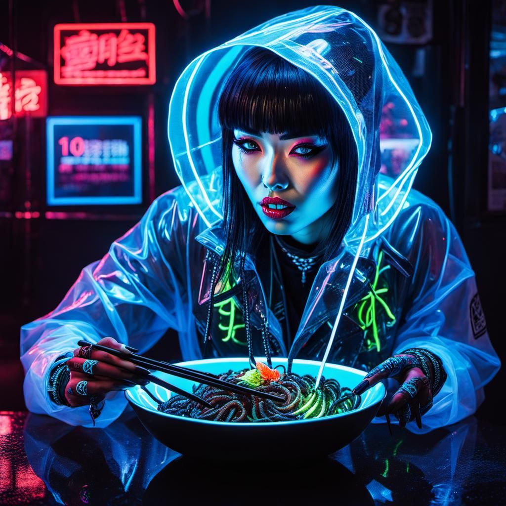Cyberpunk Girl with Neon Tattoos in Dystopian City