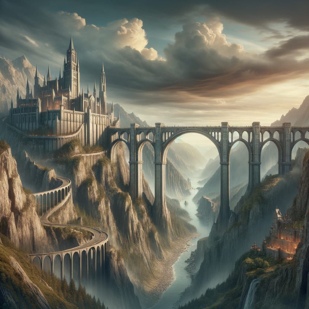 A vast fantasy bridge spanning across a deep canyon, leading to a majestic medieval-style castle on the opposite cliff. The perspective is f...