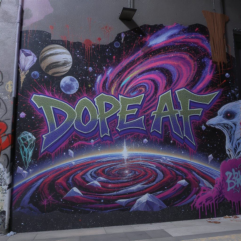 galaxy nova in graffiti with "DOPE AF" in a trippy vivid theme of crystal planet