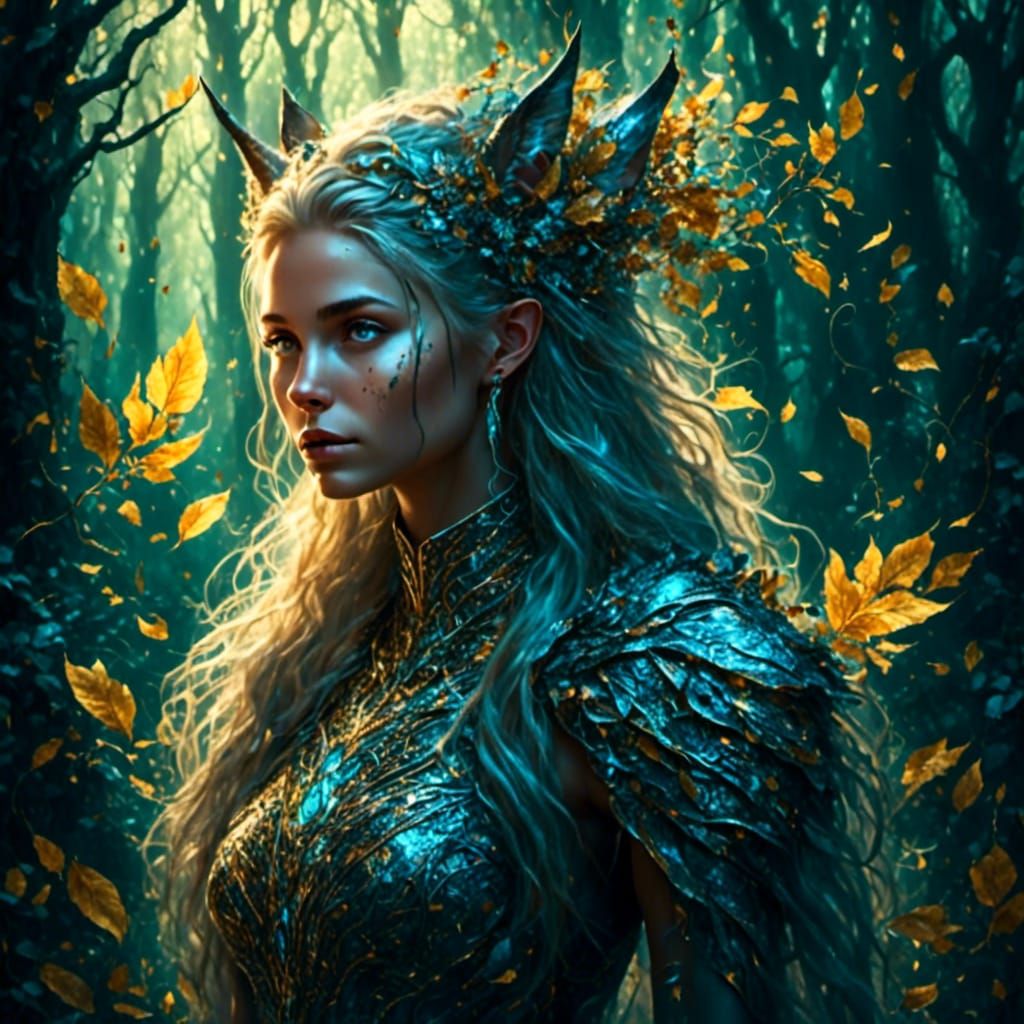 Golden Elf Horsegirl Portrait in Mystical Forest