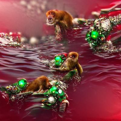 Red monkeys swimming in a green sea with christmas suits 8k ...
