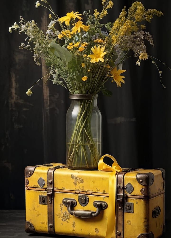 Vintage yellow suitcase and flowers