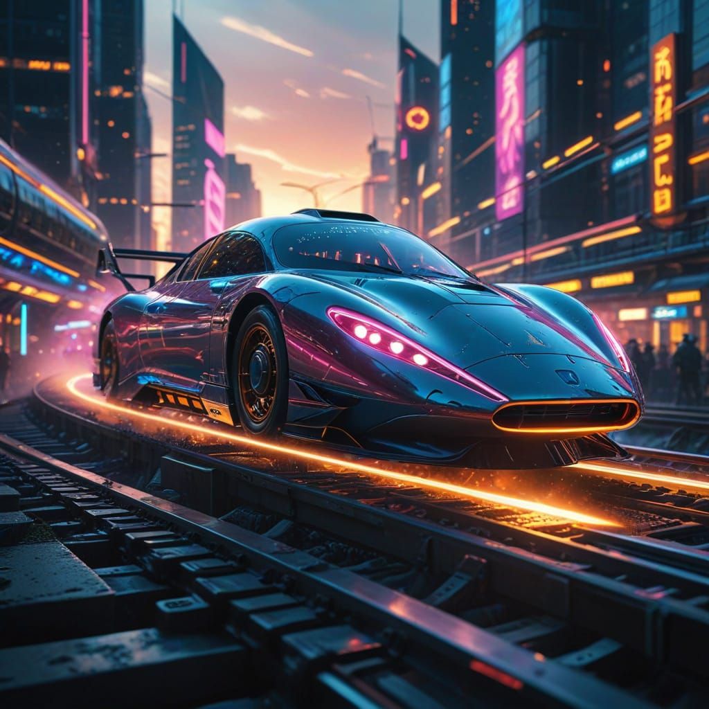 Sleek Bullet Train Speeds Through Futuristic Cityscape at Du...