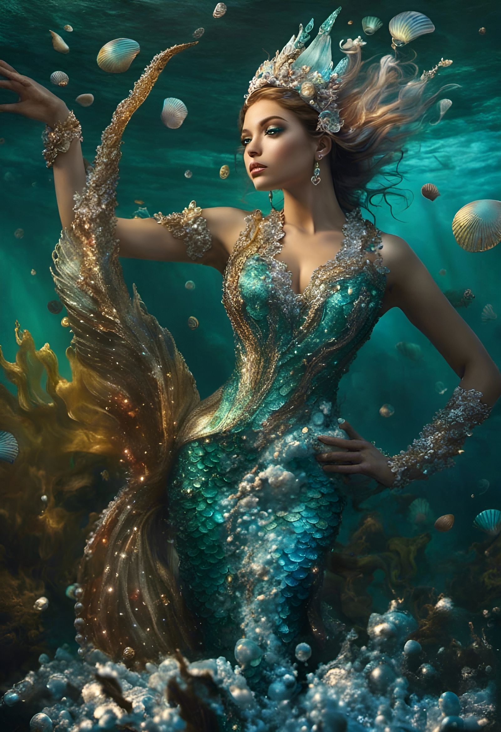 Shinny Glitters Mythic glistening full-body portrait of a scaled beautiful Mermaid coralian crown seashells ...  by @Christine Gauthier