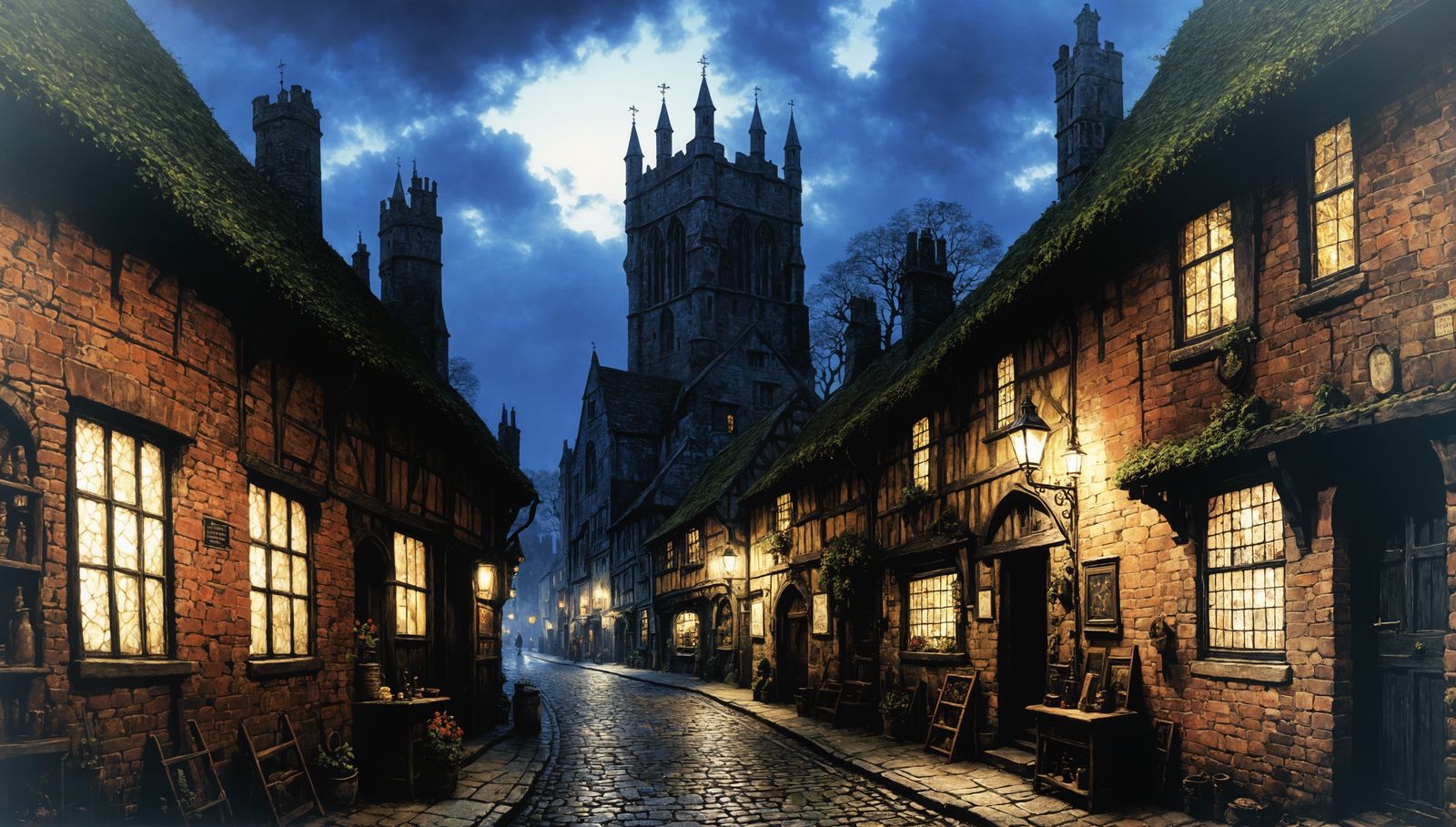 English Medieval town at twilight