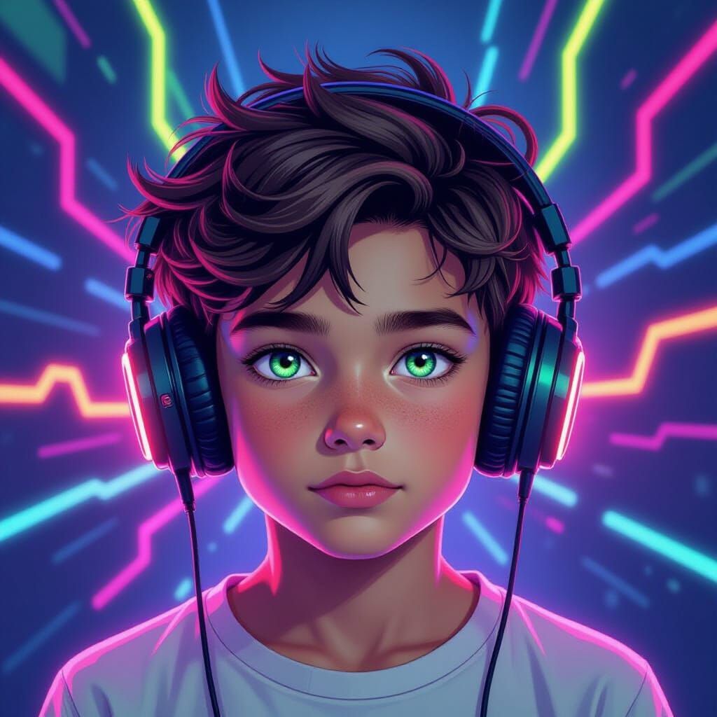 Energetic Boy with Neon Green Eyes and Headphones