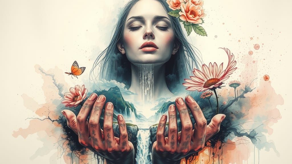 ink splatter art of an epic giant woman with closed eyes, holding a waterfall landscape i her cupped ...  by @Kindly Offer