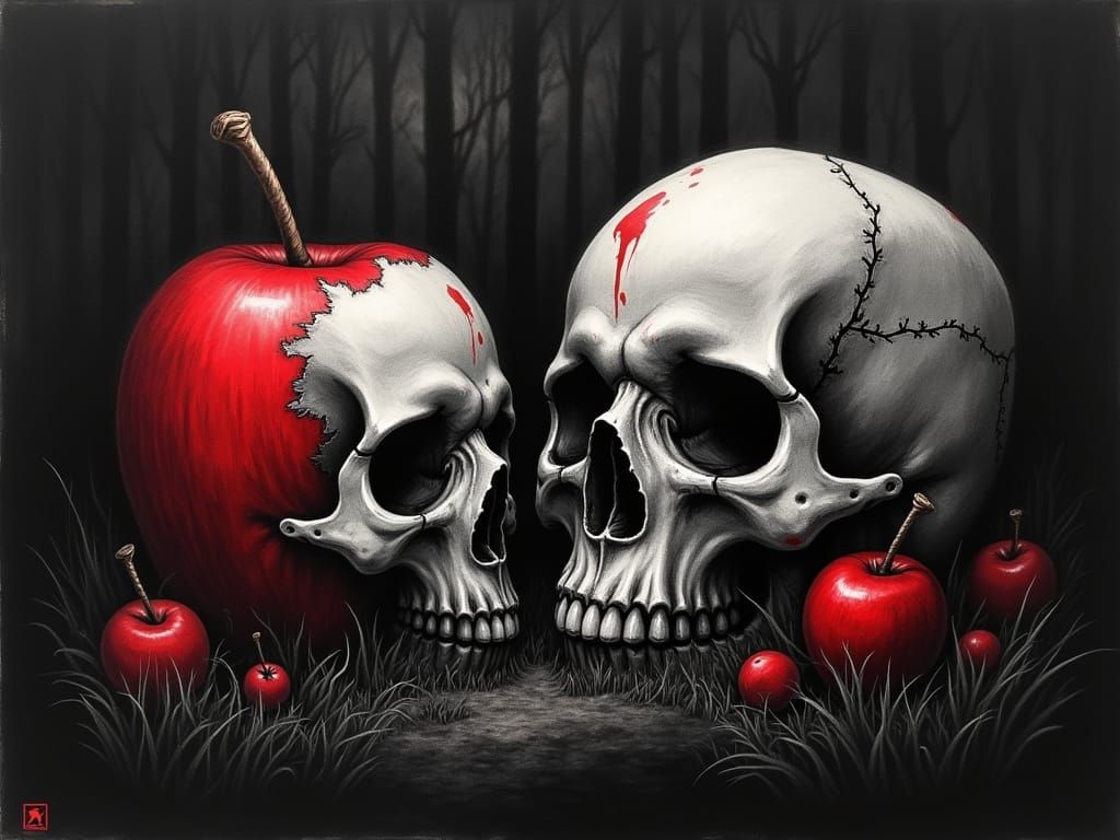demon, apple, skull, forest, Charcoal, ink, grey and red , in the style of a really edgy artist. black background, grey shading (Lomographic...