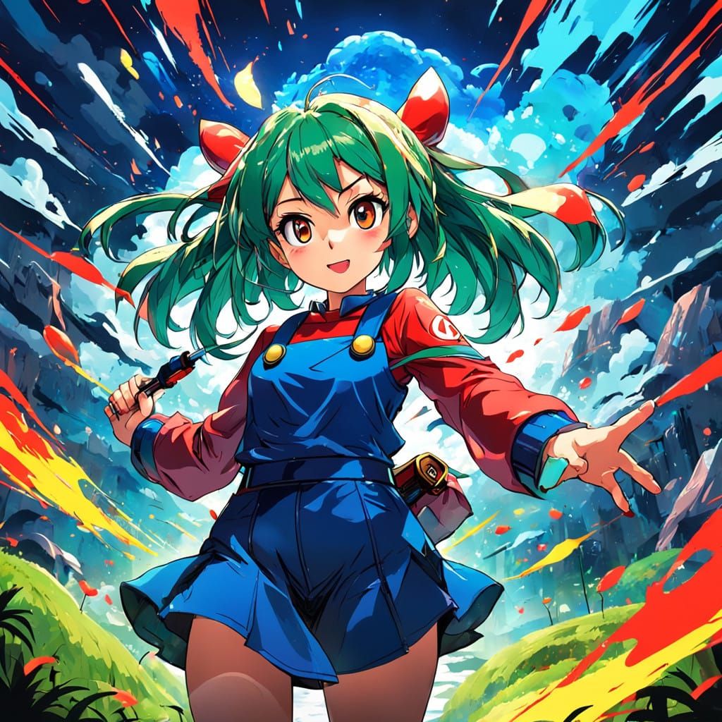 Bold Anime Heroine Poses in Vibrant Mario-Inspired Landscape