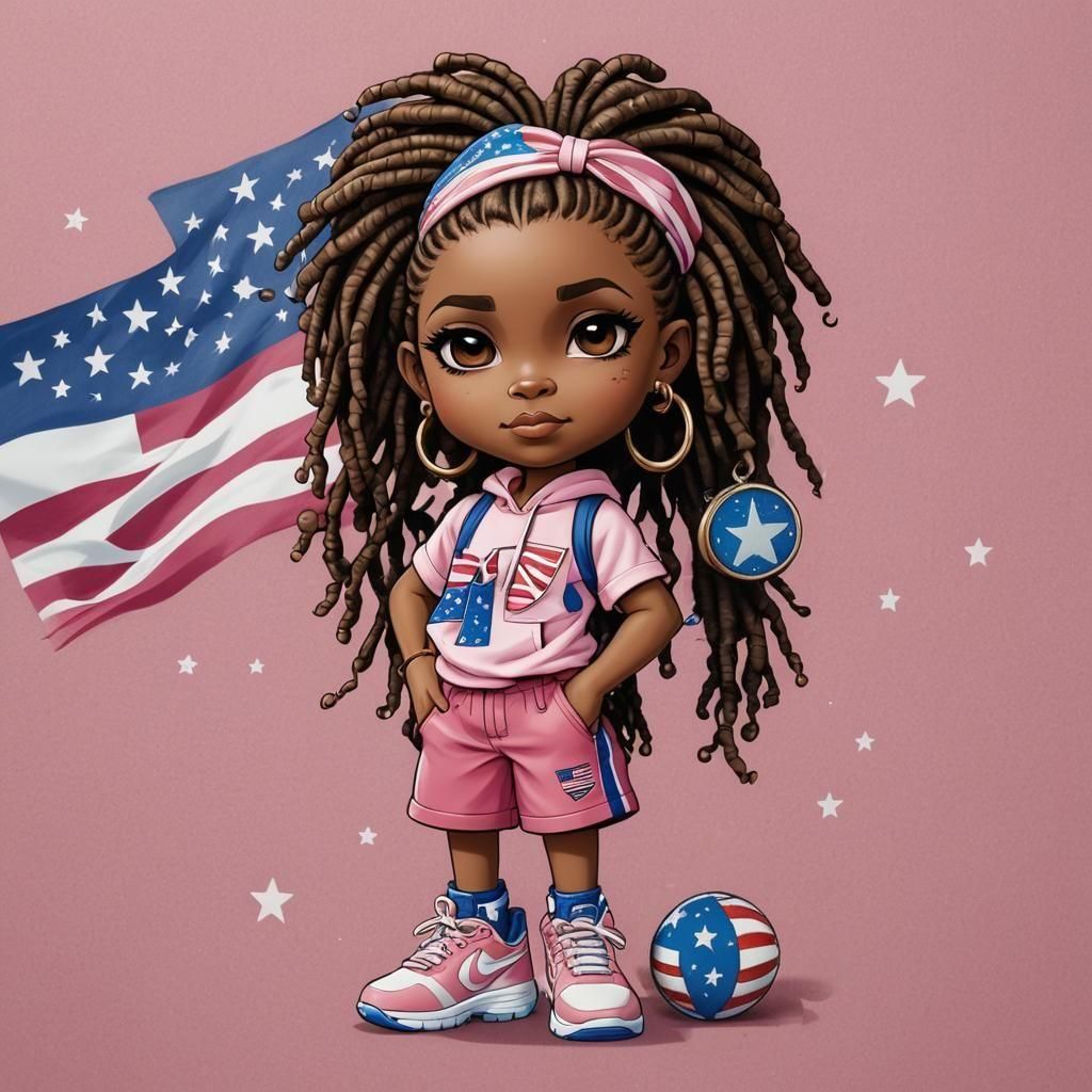 An airbrush cartoon style chibi African American girl with dreadlocks is depicted in the style of pink white and blue outfit. She is wearing...