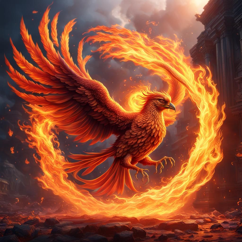 a phoenix coming out of a ball of fire