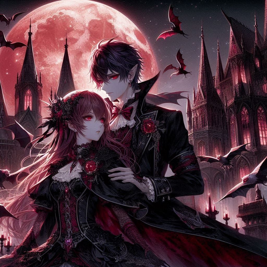 Vampire Couple in Japanese Animation style by DALL-E 3 (01)
