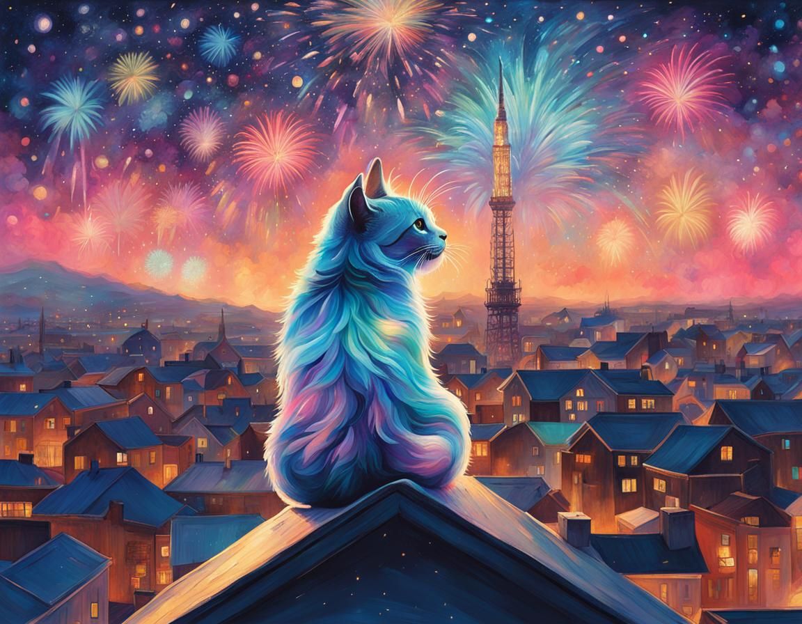 Kitten watching the fireworks from a rooftop
