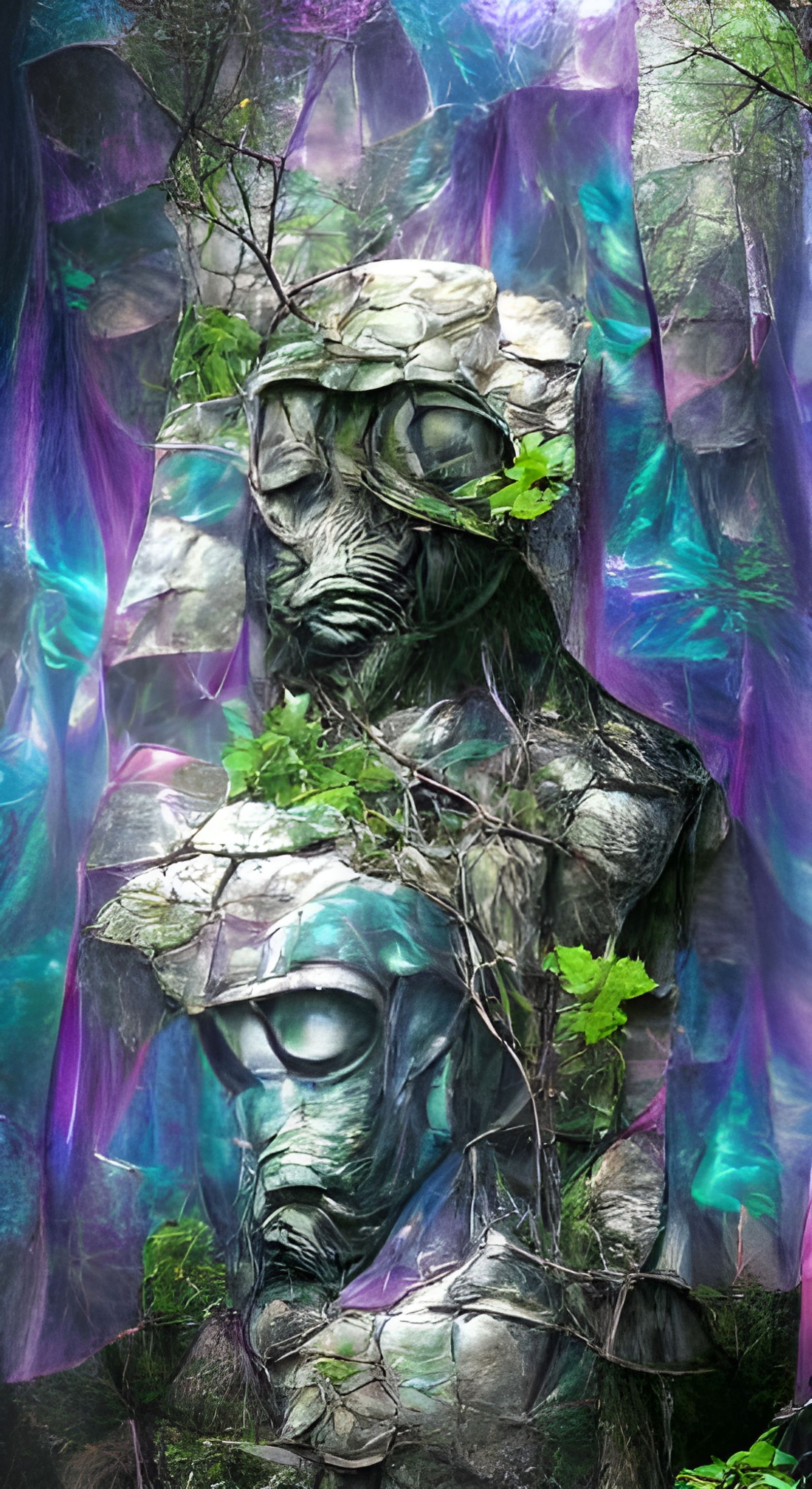 A Stone Statue in the Woods Overgrown with Vines.