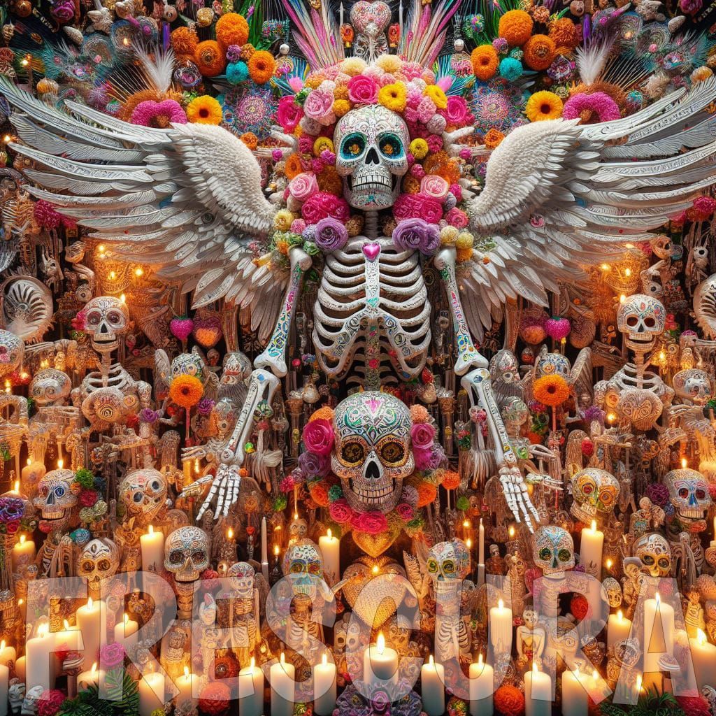 Angel Sugar Skull Skeleton Altar with flowers and candles 3D