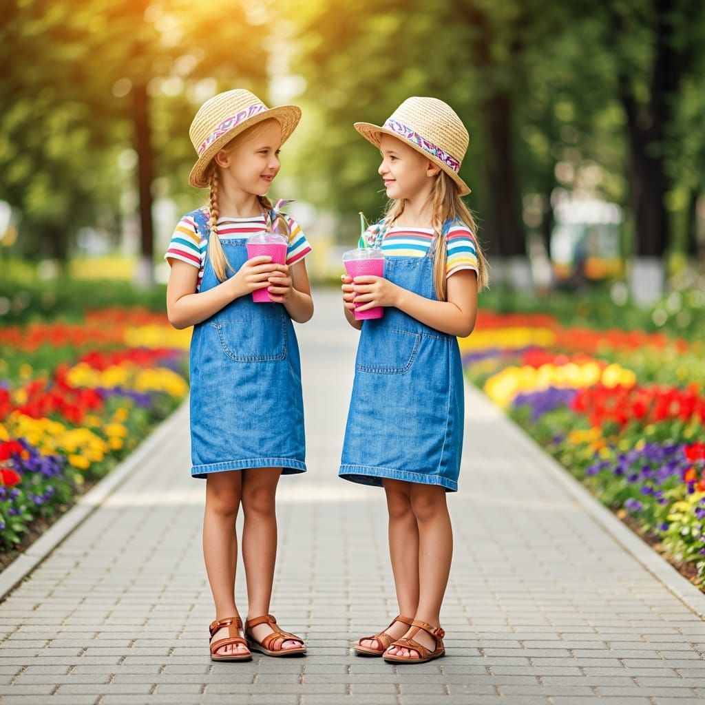 Twin Sisters Enjoying Summer Day in City Park
