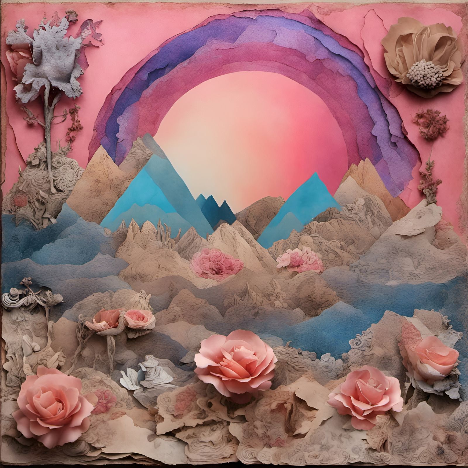 Rainbow over mountains with flowers
