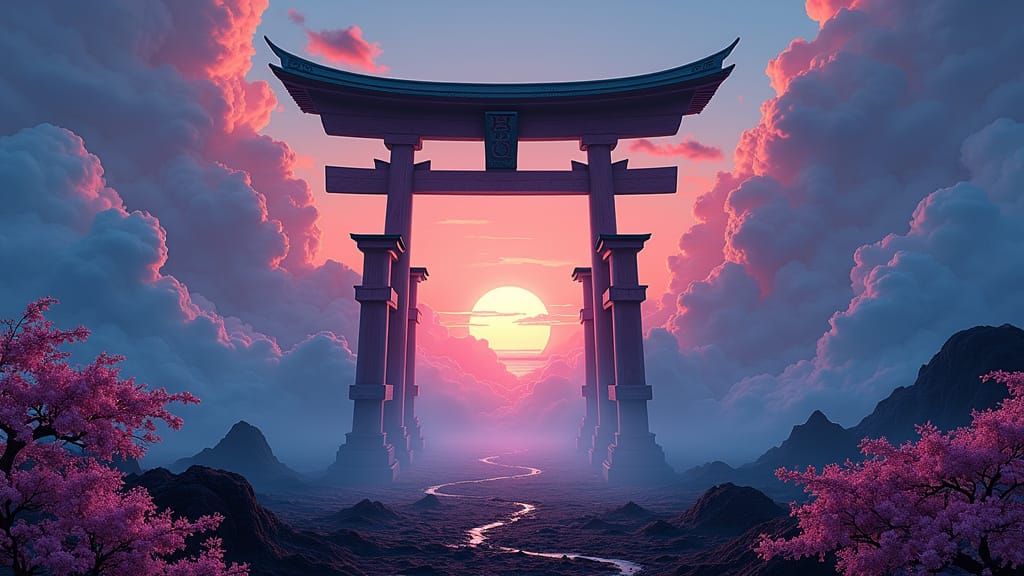 A highly detailed surreal dreamscape where a colossal ancient Shinto torii gate emerges from misty volcanic clouds over a Hawaiian lava fiel...