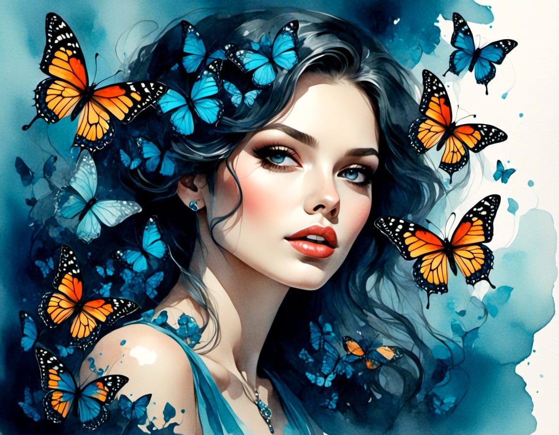brunette woman with butterflies