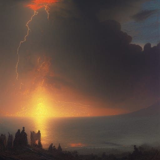 volcano erupting, storm clouds,lightning, sunset, bokeh