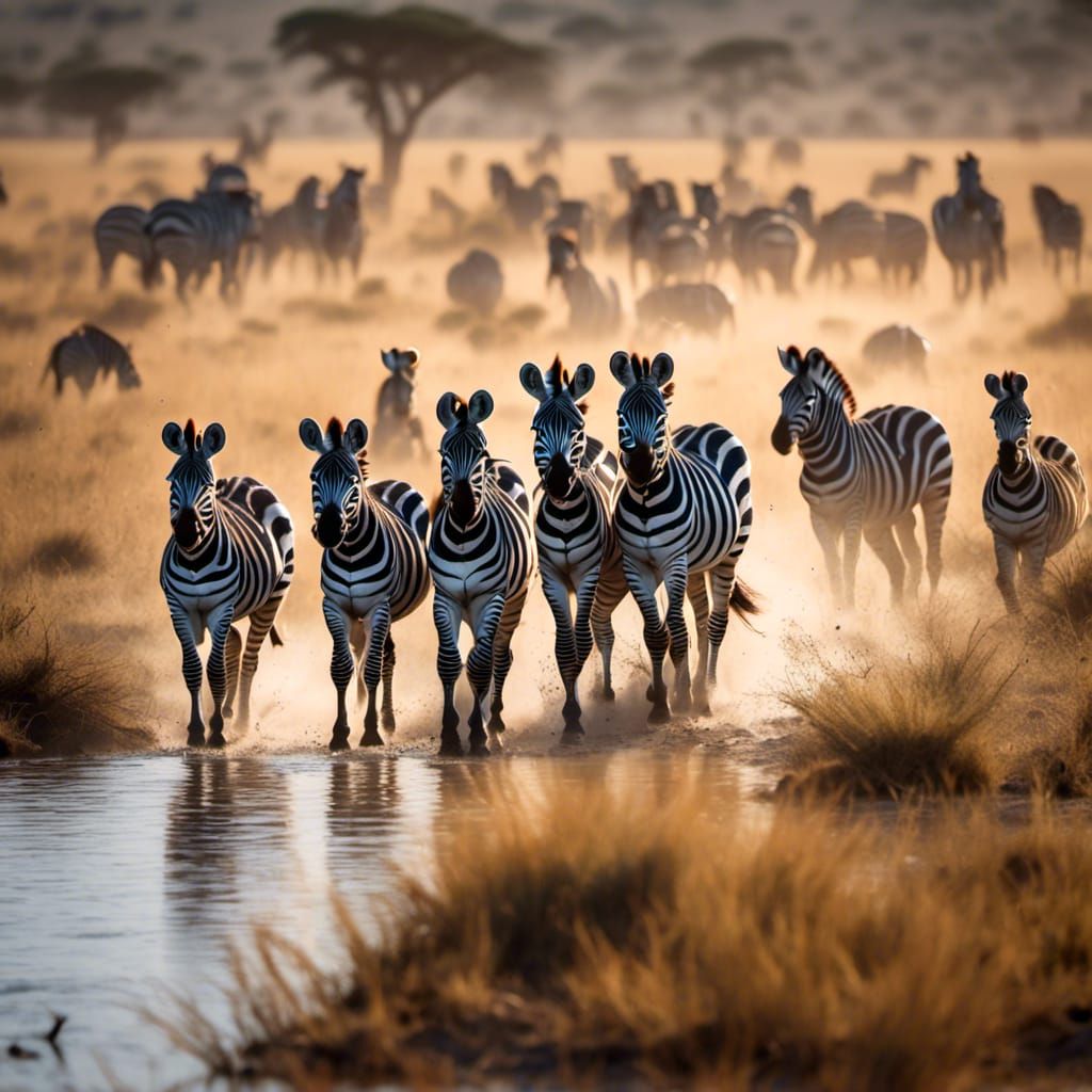 a herd of zebras in the Serengeti, sunlight a river <lora:African Landscape:1.0> 