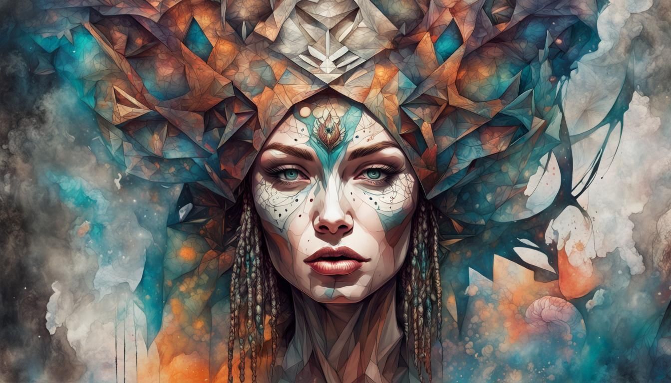 Tribal Goddess Portrait in Cubist Art Deco Style
