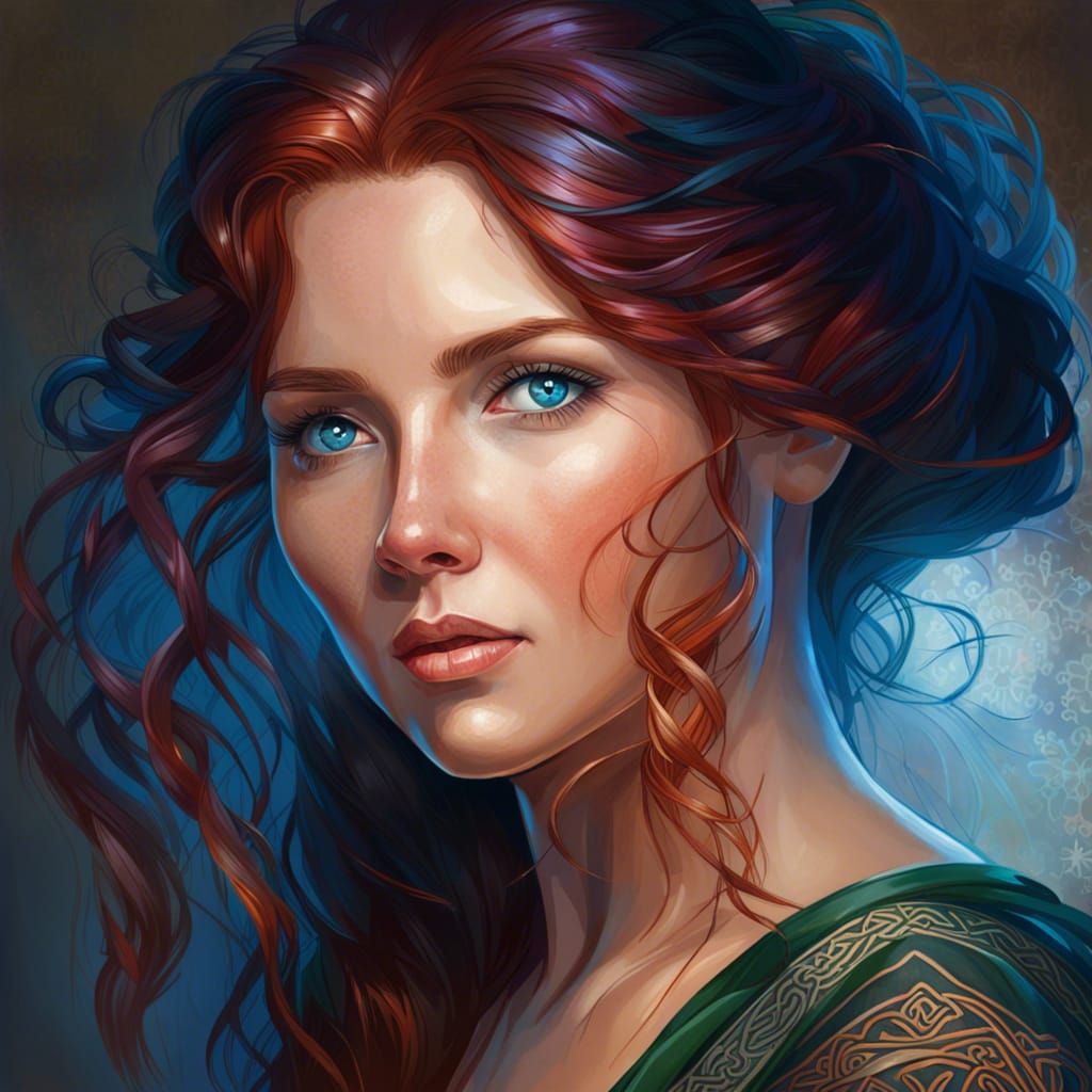 Beautiful Irish celtic woman, red hair and blue eyes, intricate details ...