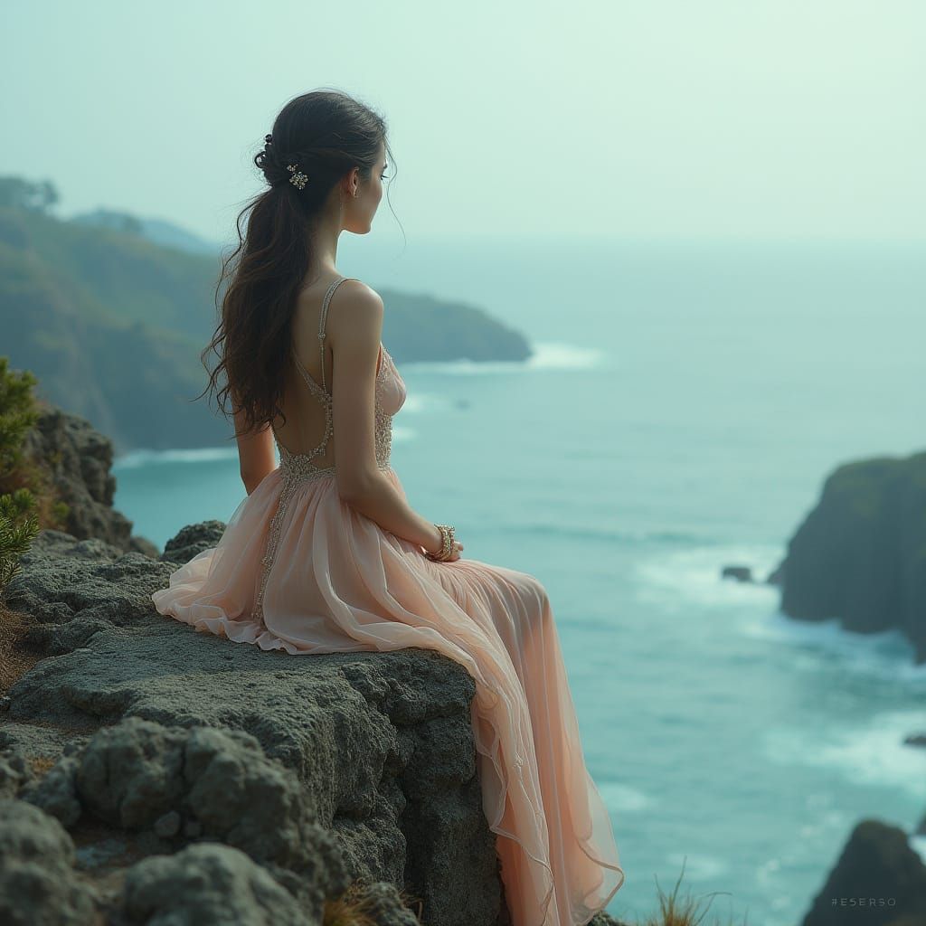 Woman Gazing at Ocean in Ethereal Style